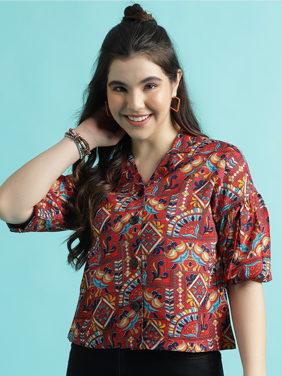 

FashionsEye Print Puff Sleeve Ethnic Shirt Style Top, Red