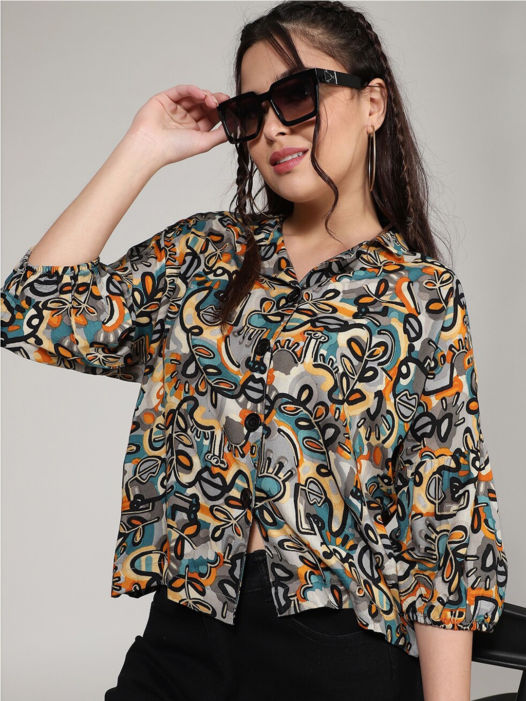 

FashionsEye Print Puff Sleeve Shirt Style Top, Grey