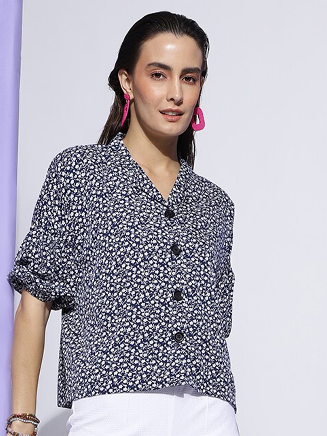 

FashionsEye Floral Print Puff Sleeve Shirt Style Top, Blue
