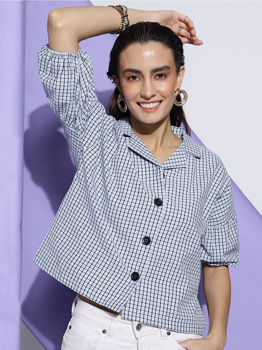 

FashionsEye Checked Puff Sleeve Cotton Shirt Style Top, Blue