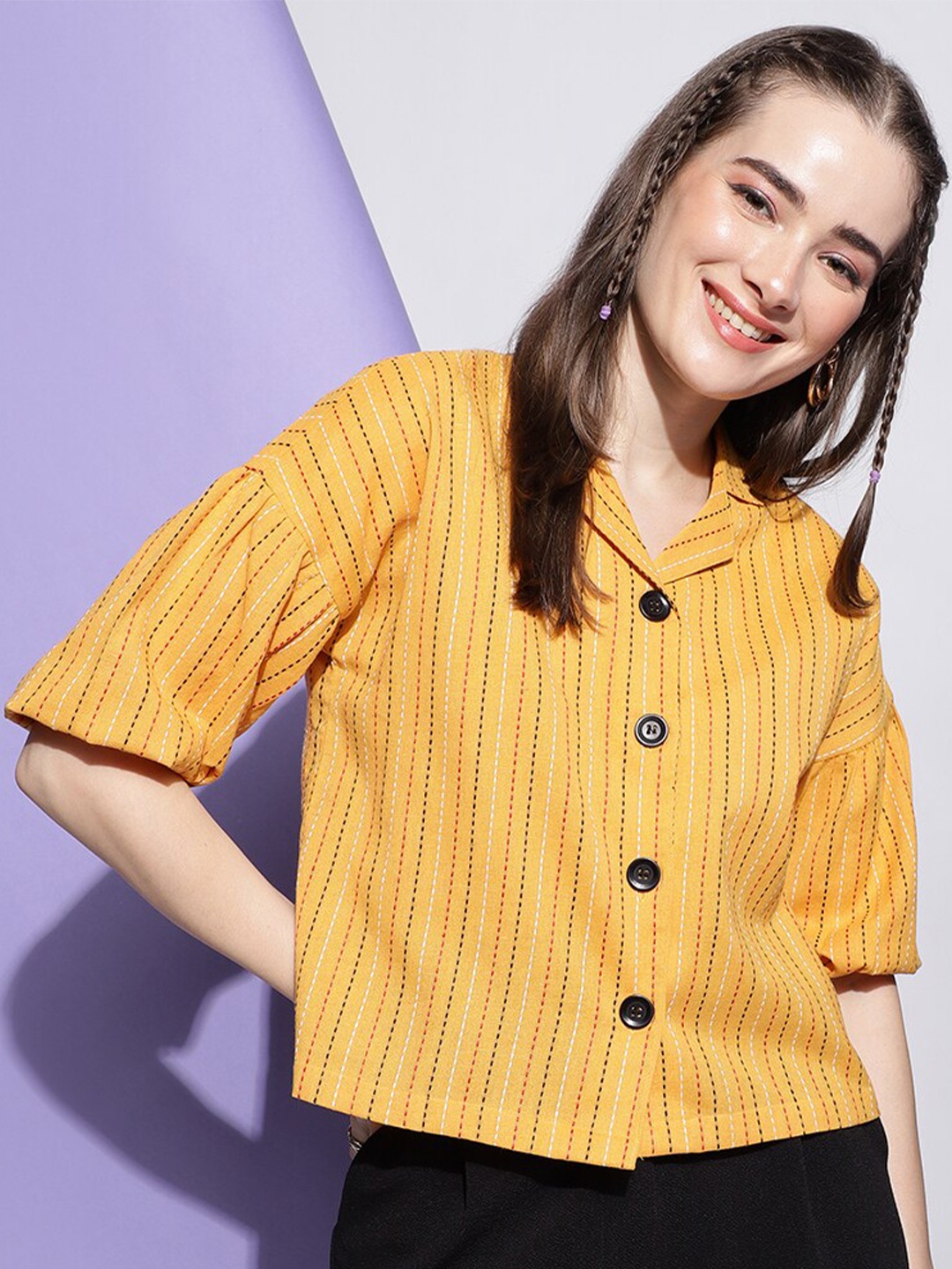 

FashionsEye Striped Puff Sleeve Cotton Shirt Style Top, Yellow