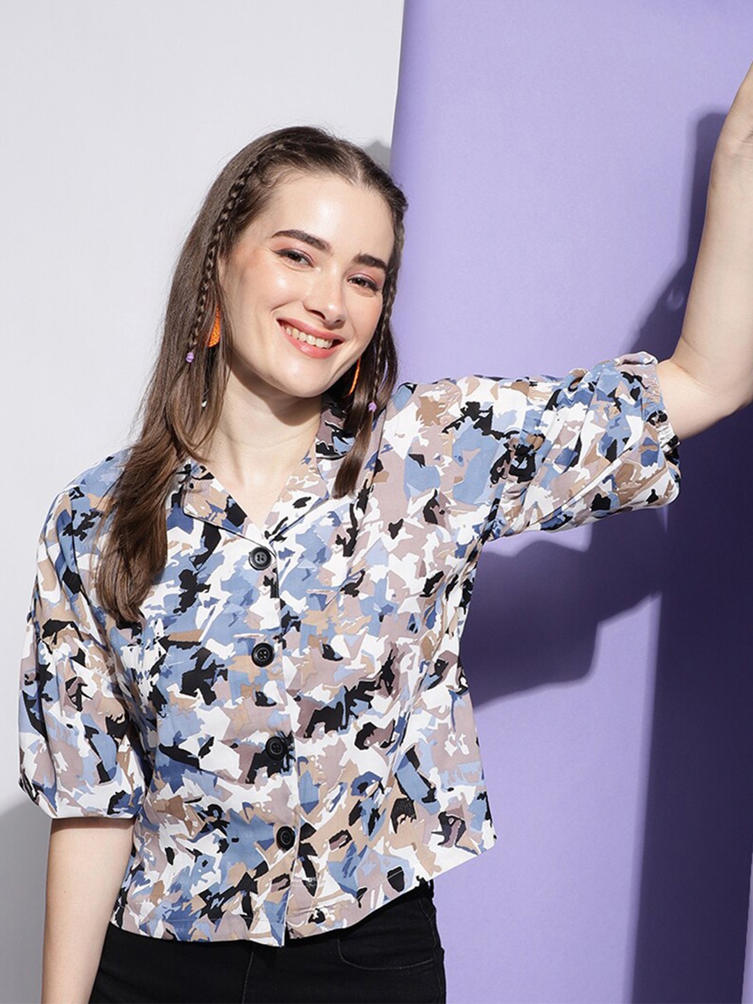 

FashionsEye Print Puff Sleeve Shirt Style Top, Blue