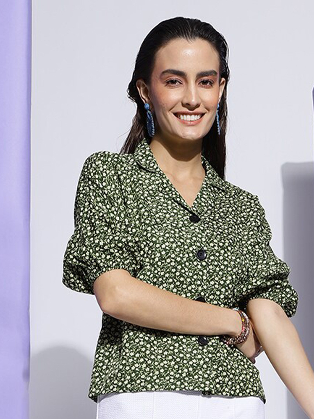 

FashionsEye Floral Print Puff Sleeve Shirt Style Top, Green