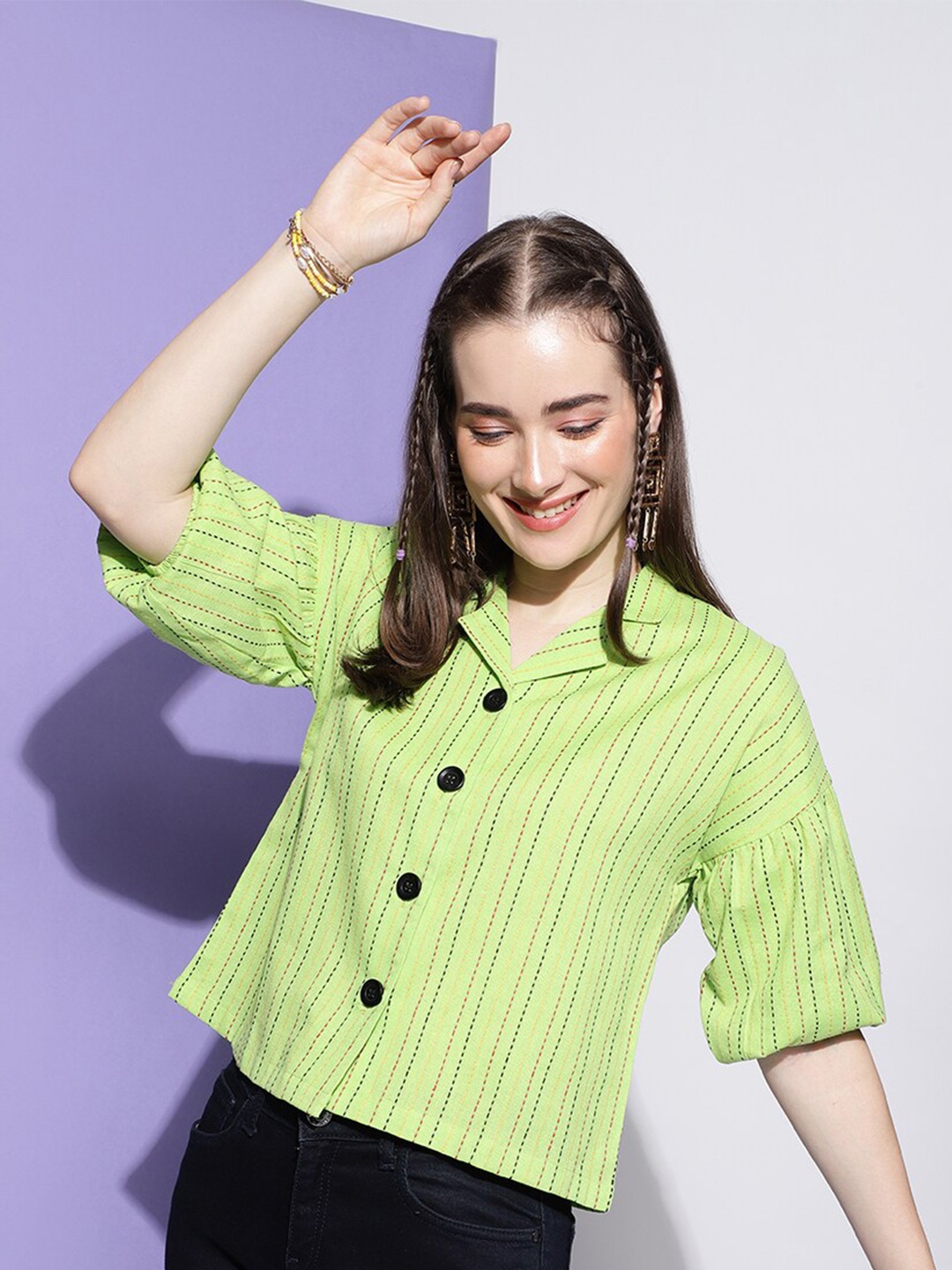 

FashionsEye Striped Puff Sleeve Cotton Shirt Style Top, Green