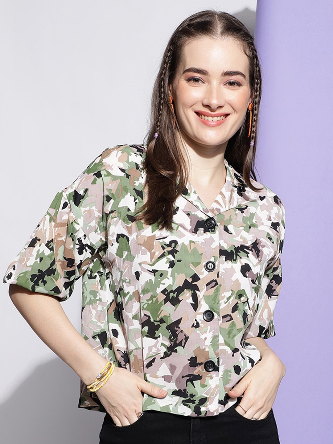 

FashionsEye Abstract Printed Cuban Collar Georgette Shirt Style Top, Green