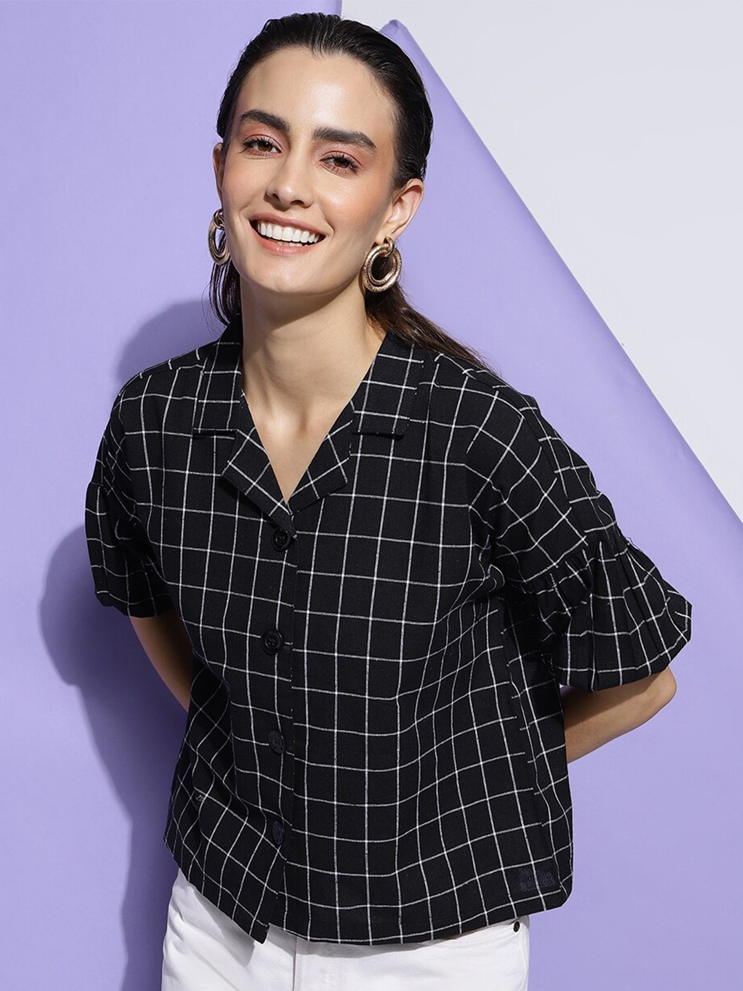 

FashionsEye Checked Cuban Collar Cotton Shirt Styled Top, Black