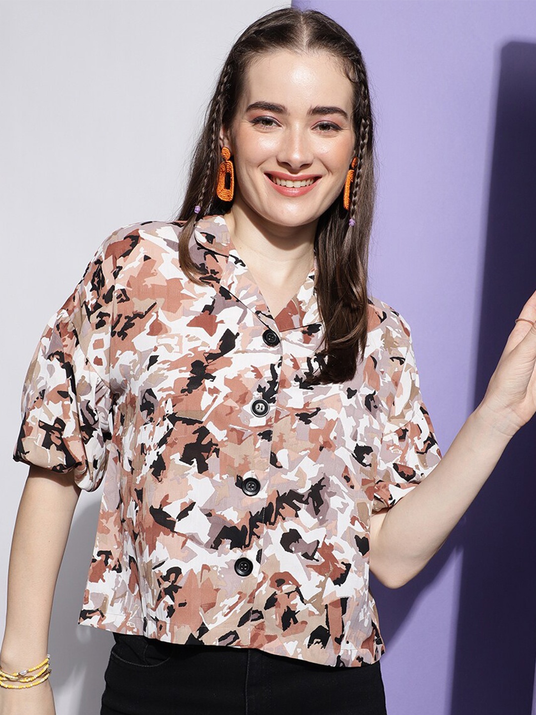 

FashionsEye Abstract Printed Cuban Collar Georgette Shirt Style Top, Rust