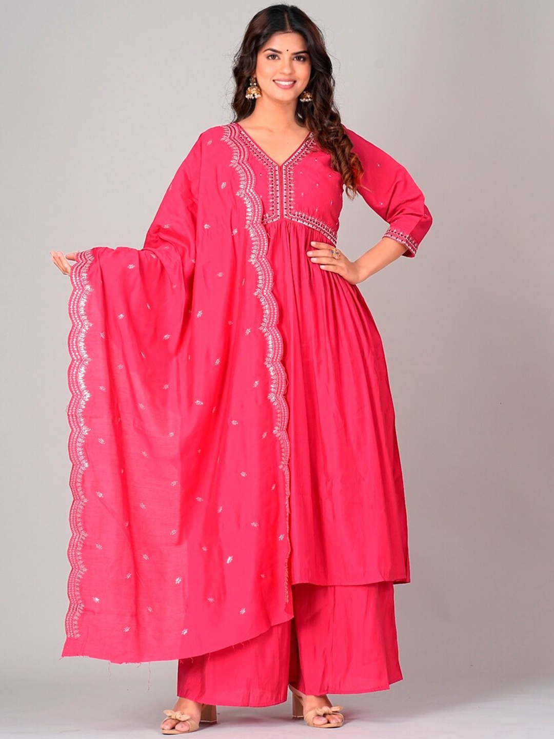 

DARIAN Embroidered V-Neck Empire Thread Work Kurta with Palazzos & With Dupatta, Pink