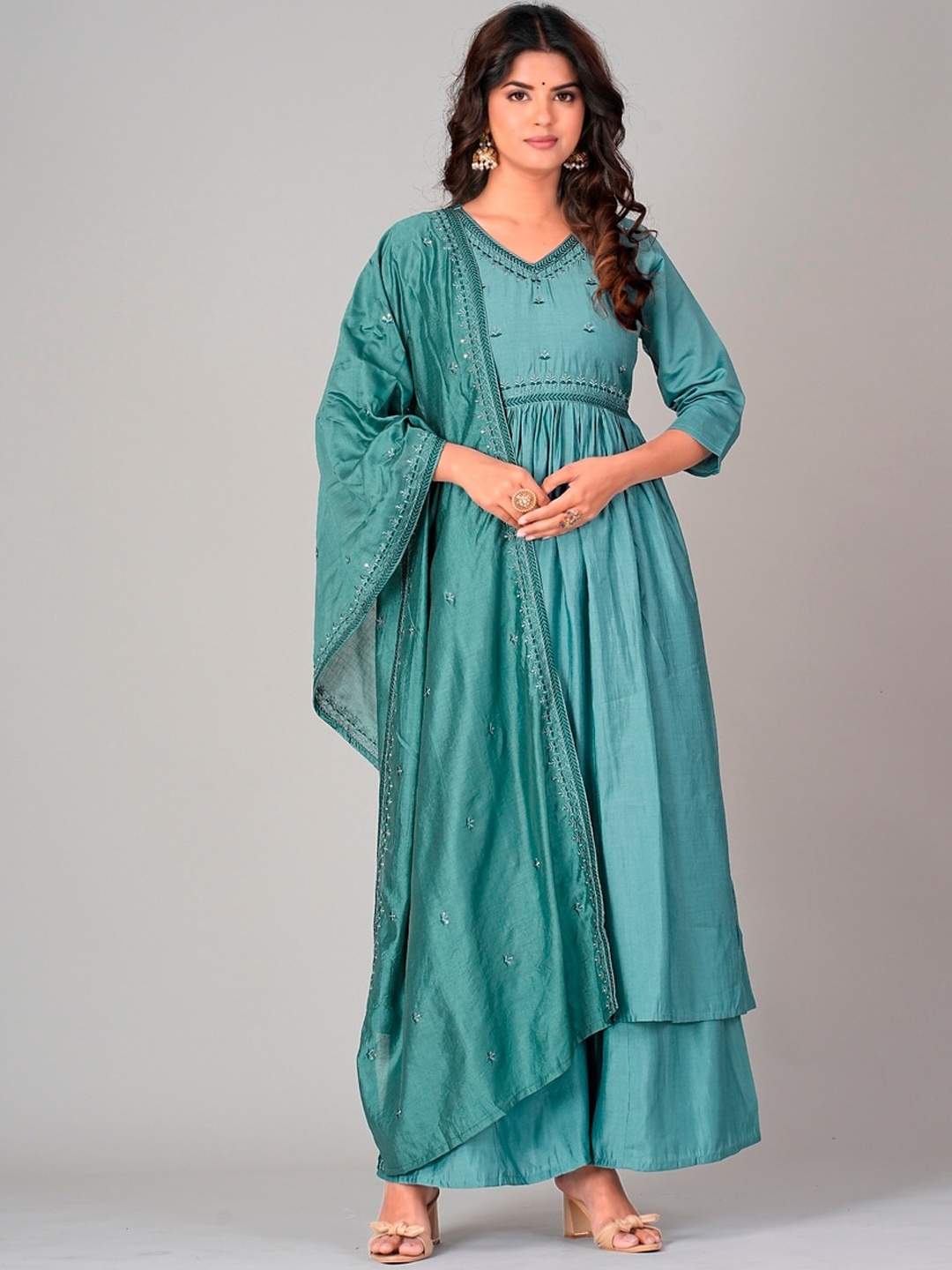 

DARIAN Embroidered V-Neck Thread Work Kurta with Palazzos & With Dupatta, Teal