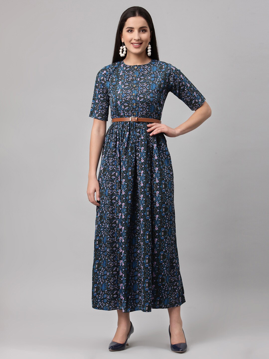 

aayu Round Neck Floral Printed Maxi Dress, Blue