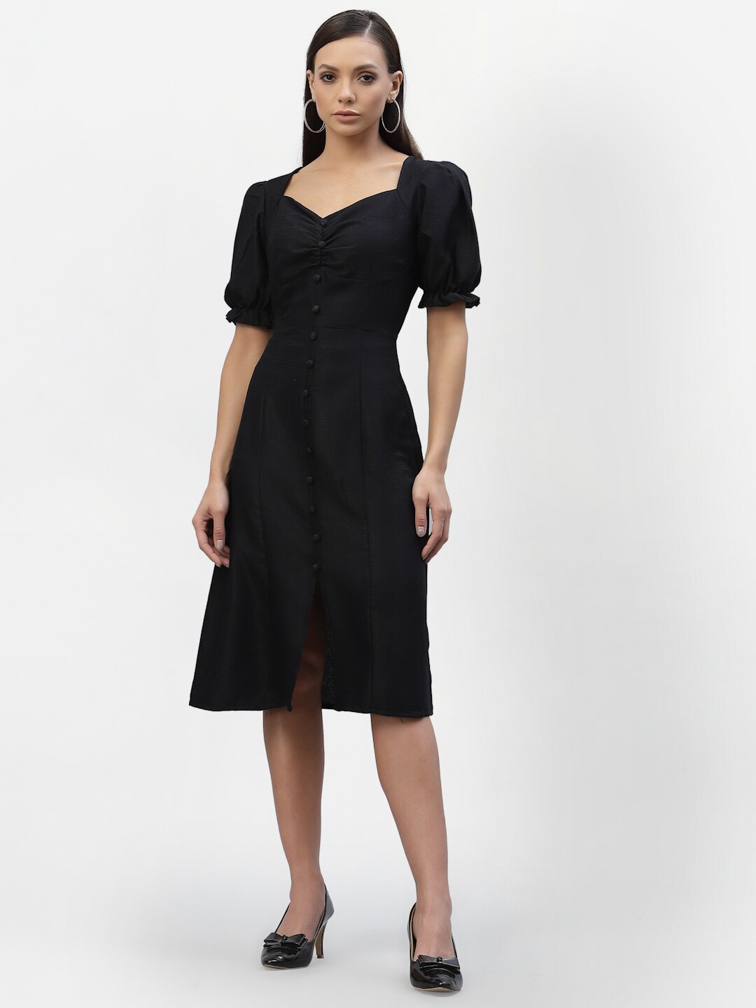 

aayu Sweetheart Neck Puff Sleeve Fit & Flare Dress, Black