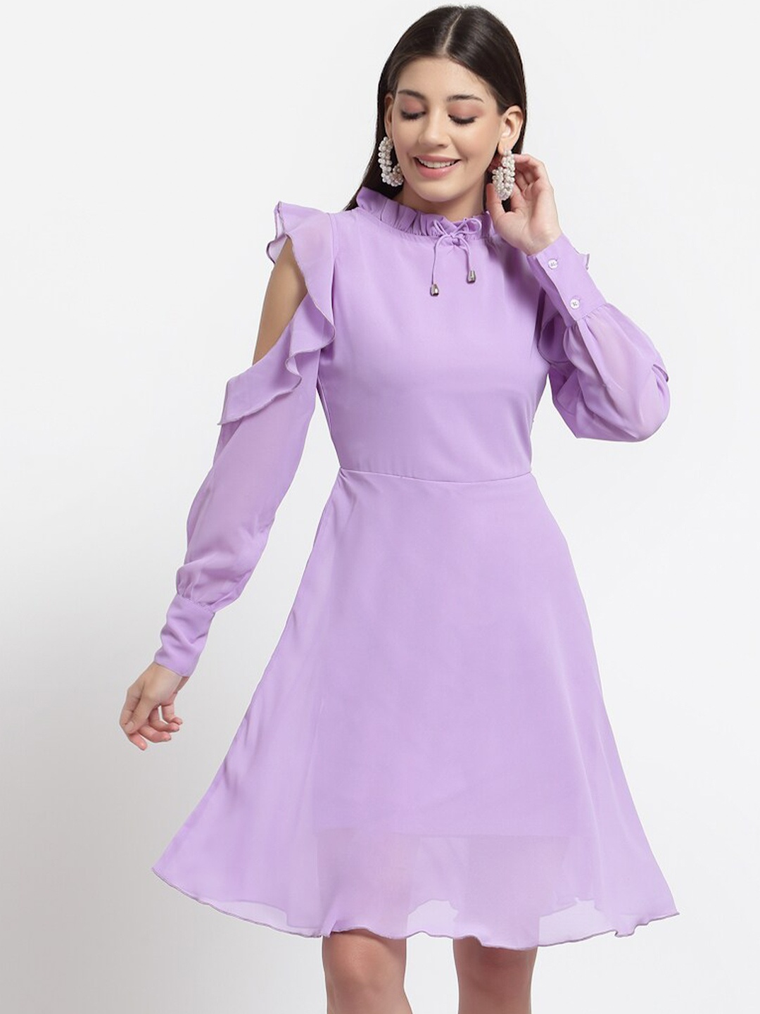 

aayu Tie-Up Neck Cold-Shoulder Georgette Fit & Flare Dress, Lavender