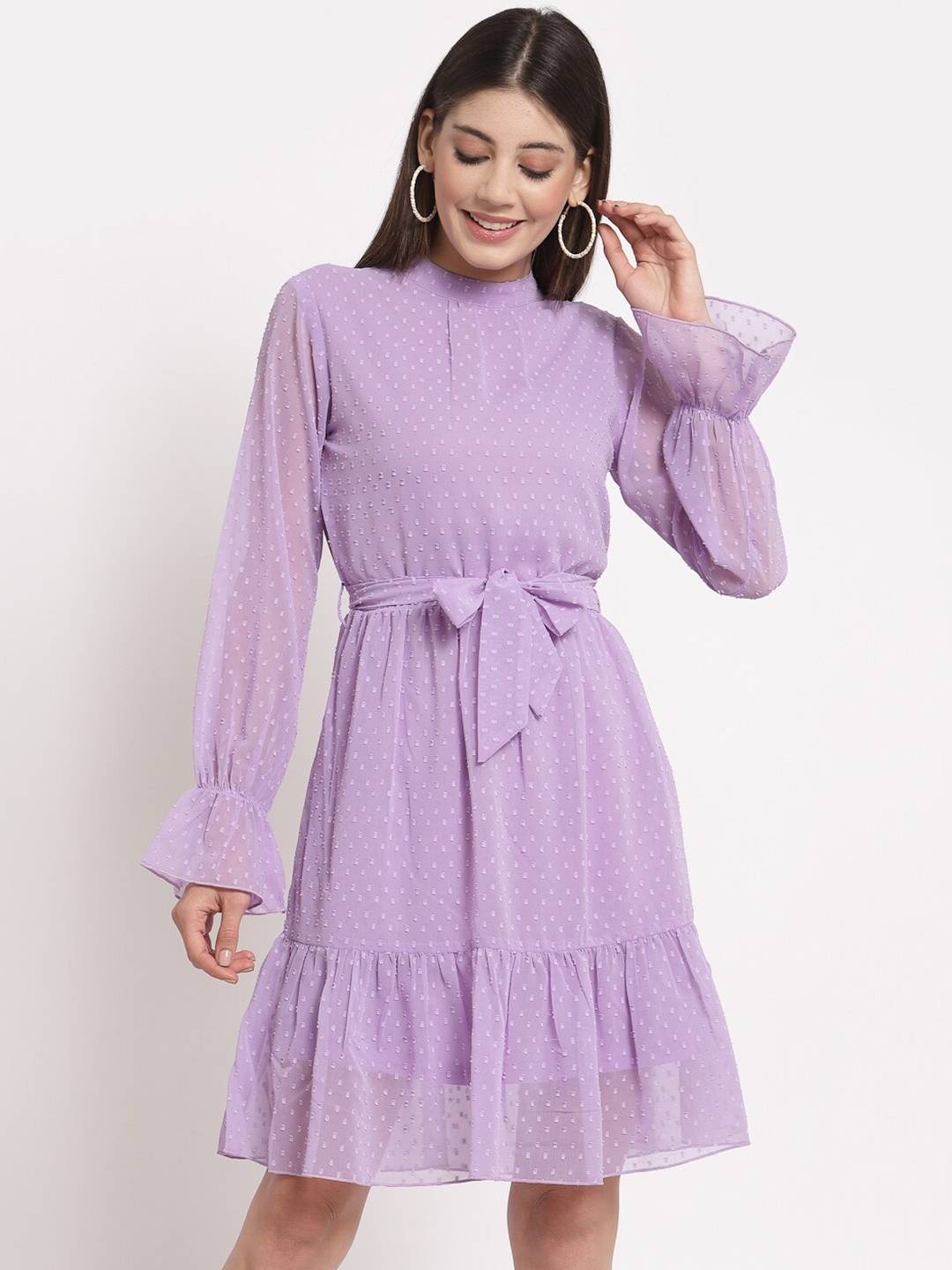 

aayu Polka Dot Printed Bell Sleeve Georgette Fit & Flare Dress, Lavender