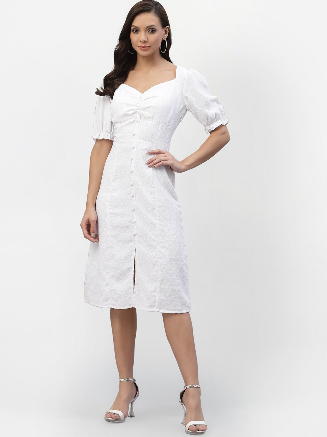

aayu Sweetheart Neck Puff Sleeves Sheath Dress, White