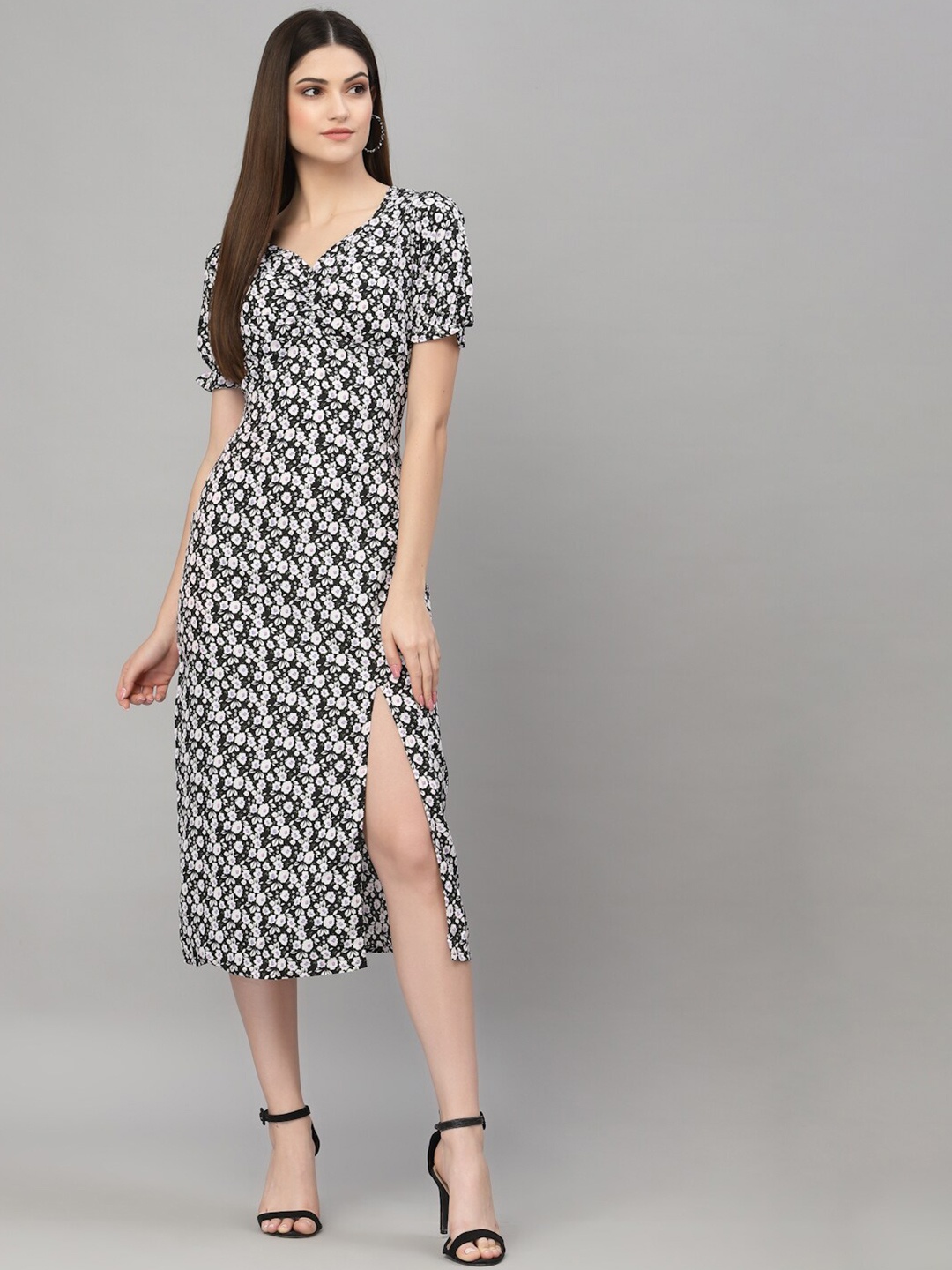 

aayu Floral Printed A-Line Midi Dress, Black