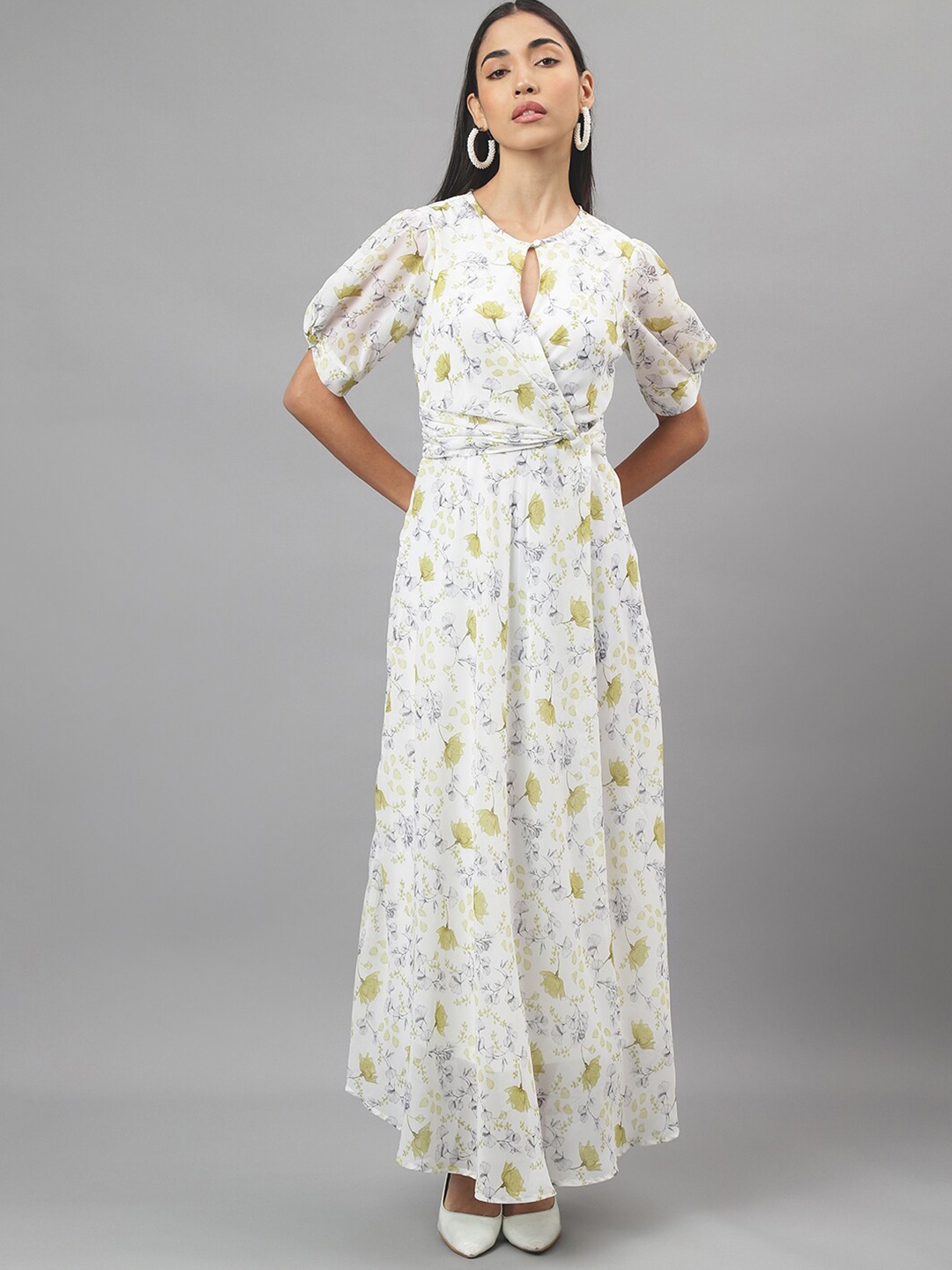 

Latin Quarters Floral Printed Flared Sleeve Chiffon Maxi Wrap Dress, Green