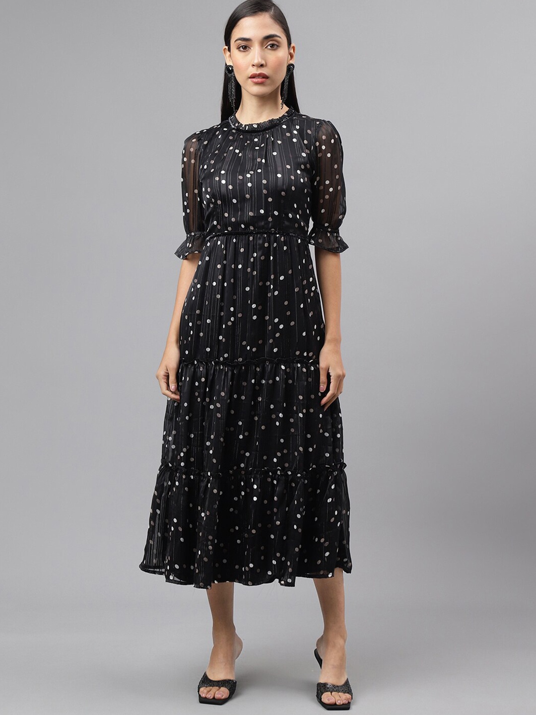 

Latin Quarters Round Neck Puff Sleeves Polka Dot Print Fit & Flare Midi Dress, Black