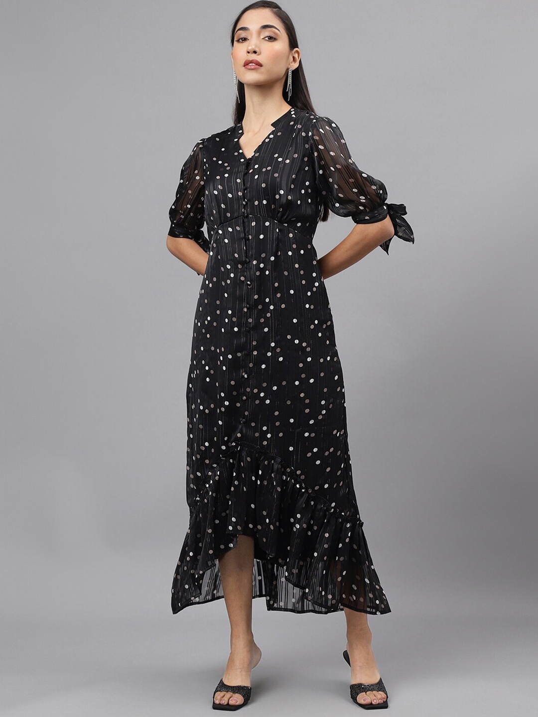 

Latin Quarters Polka Dot Printed Bell Sleeve Maxi Dress, Black