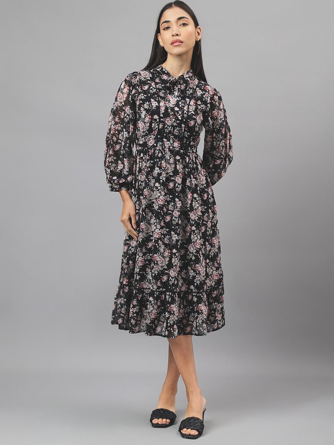 

Latin Quarters Floral Printed Tie-Up Neck Puff Sleeve Fit and Flare Midi Dress, Black