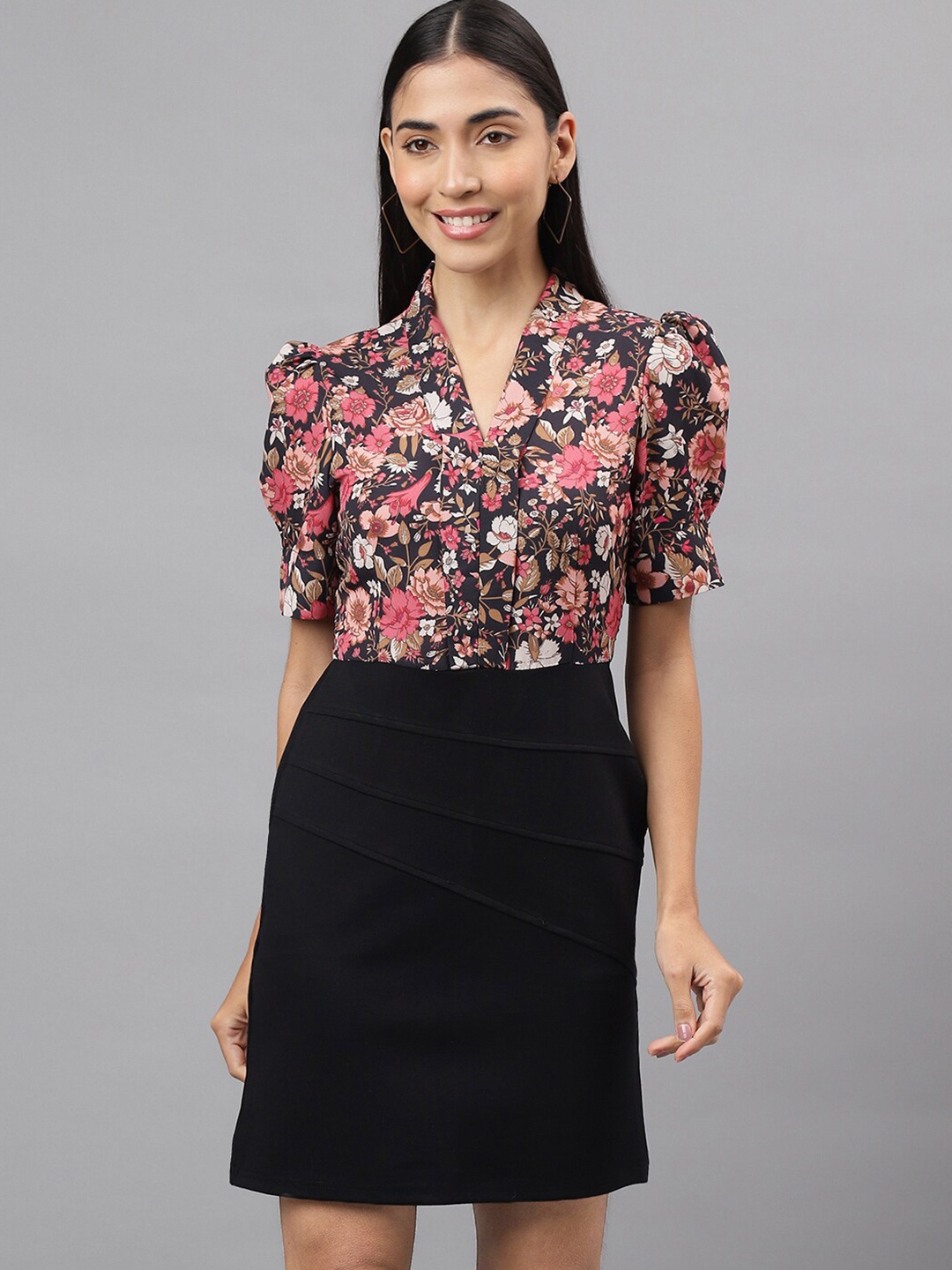 

Latin Quarters Floral Printed Puff Sleeve Sheath Dress, Black