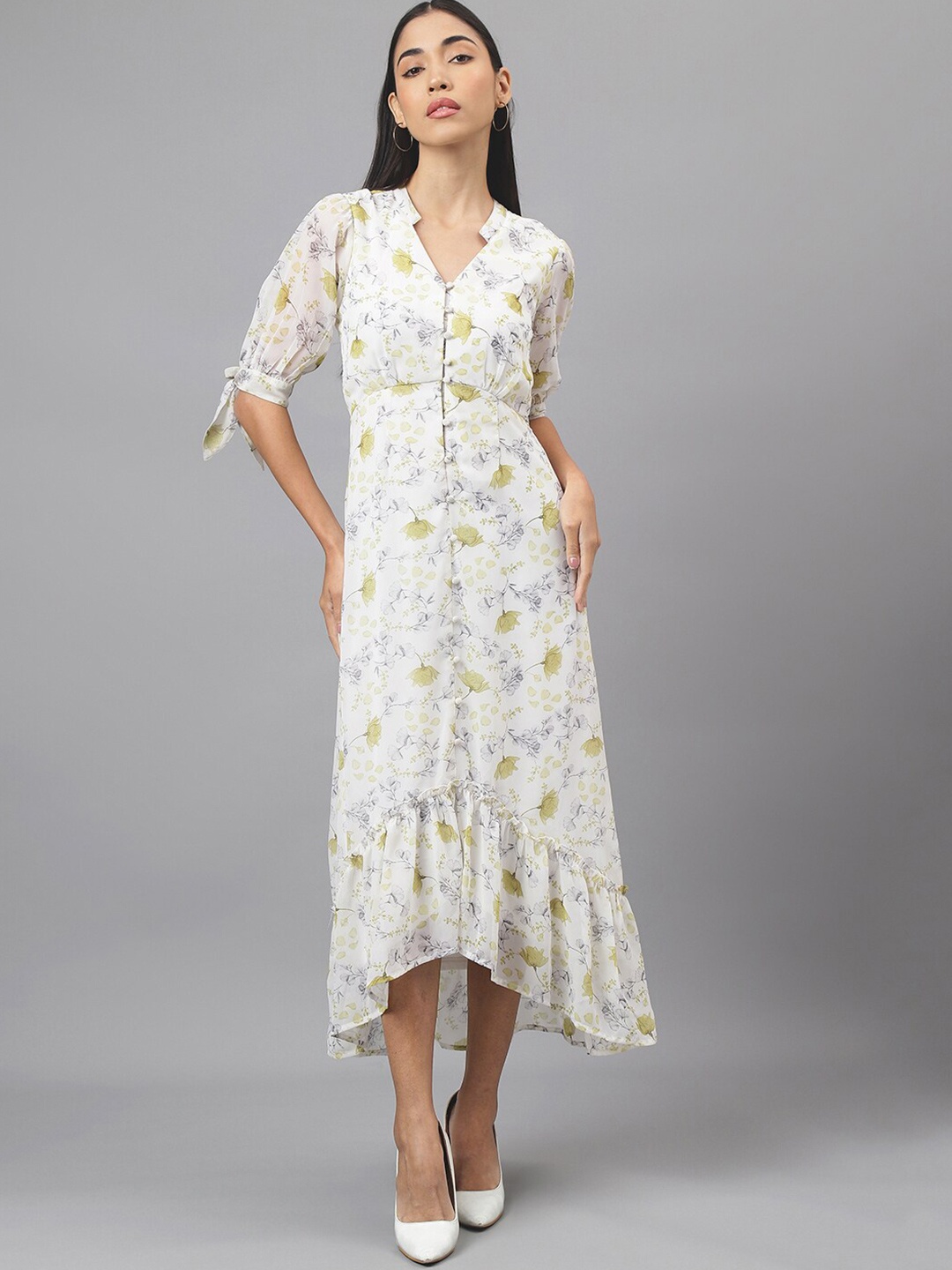 

Latin Quarters Mandarin Collar Cuffed Sleeves Floral Print A-Line Midi Dress, White