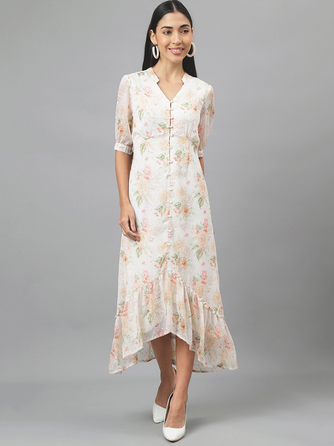 

Latin Quarters Mandarin Collar Puff Sleeves Floral Print A-Line Midi Dress, White