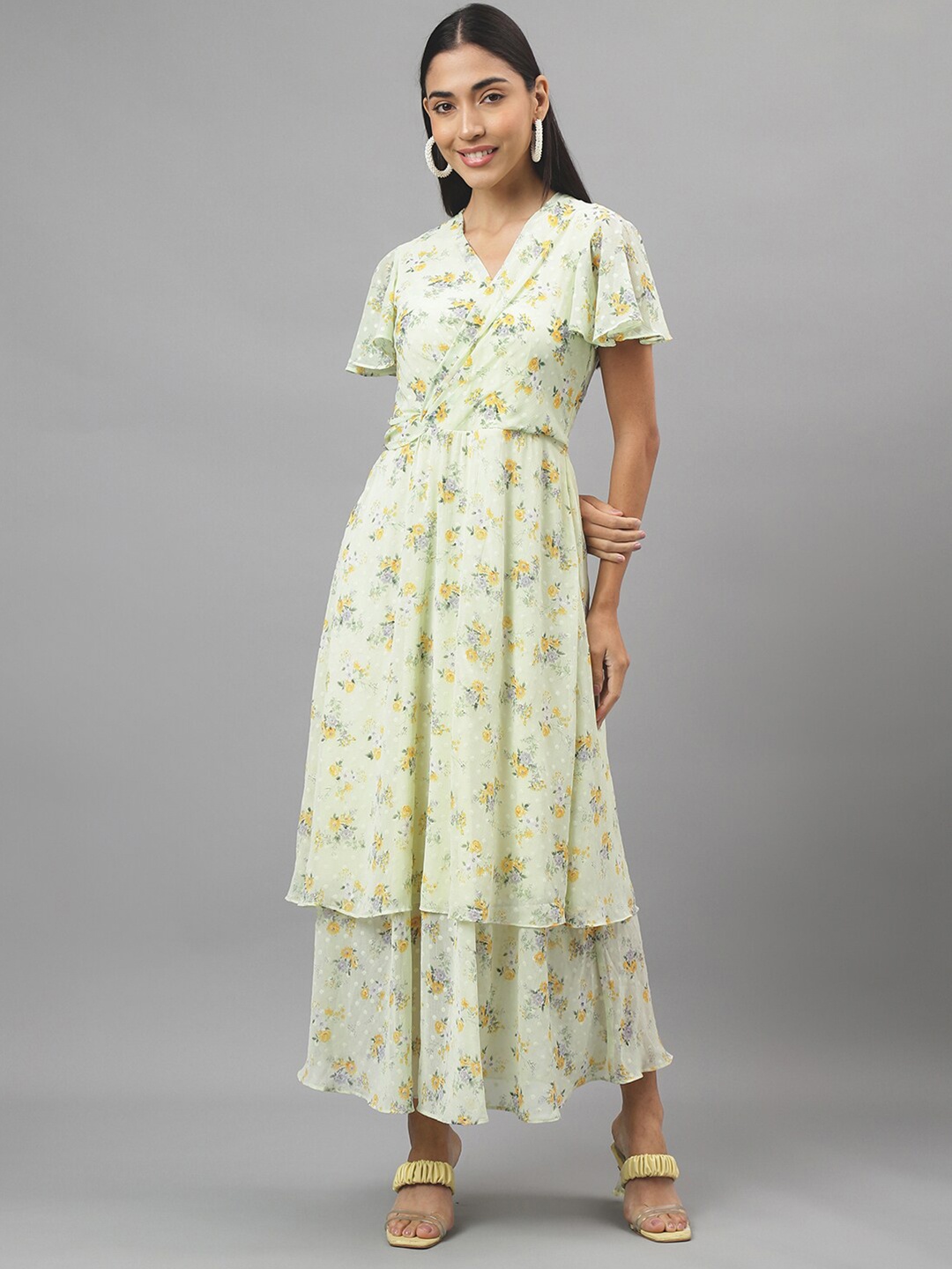 

Latin Quarters Floral Printed Flared Sleeve Maxi Wrap Dress, Green