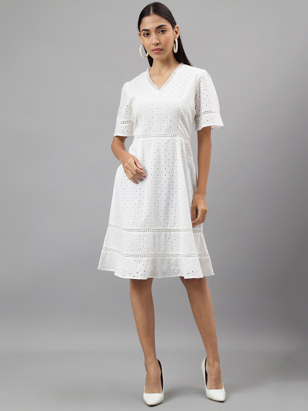 

Latin Quarters Self Design Schiffli V-Neck Fit & Flare Dress, White