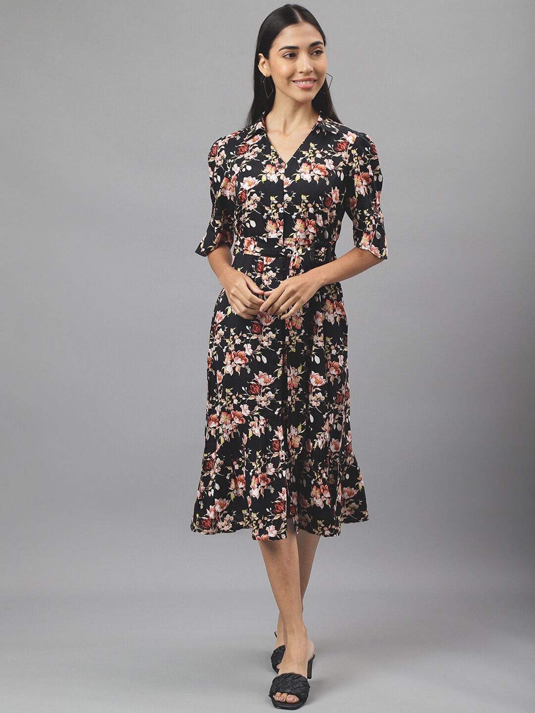 

Latin Quarters Floral Printed Shirt Midi Dress, Black