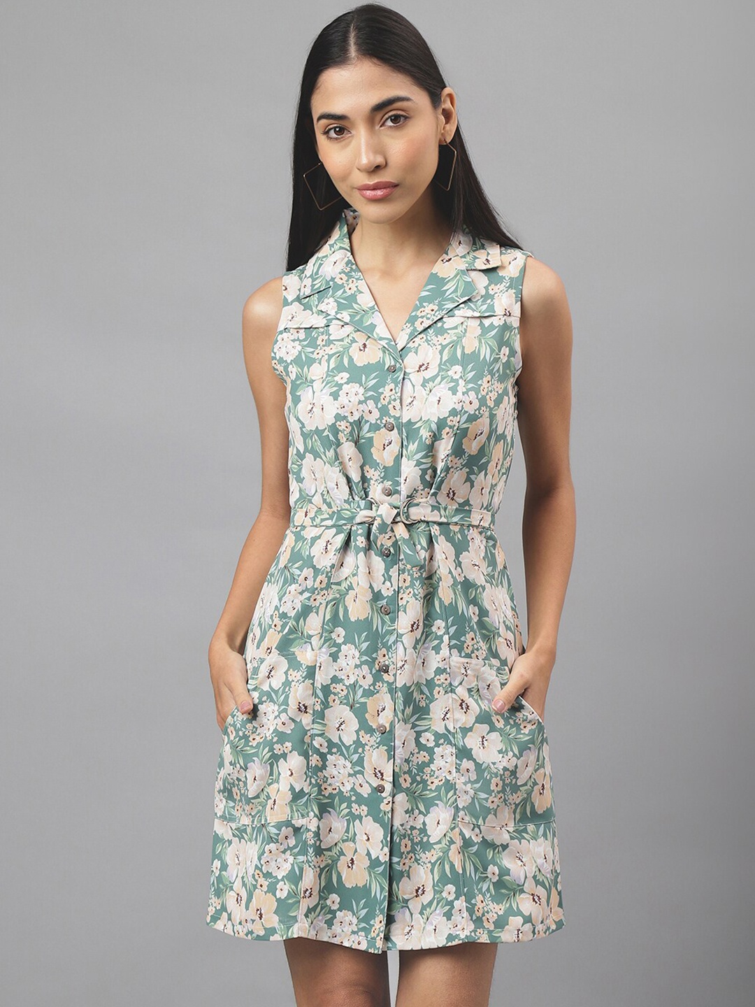 

Latin Quarters Lapel Neck Sleeveless Floral Print Shirt Dress, Green