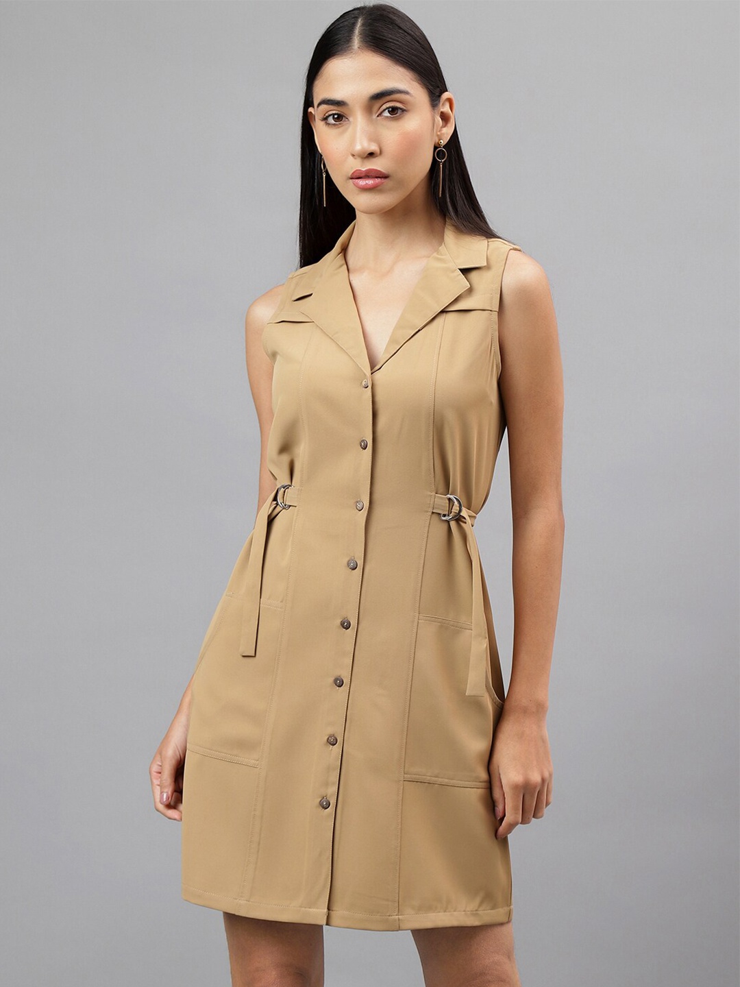 

Latin Quarters Lapel Collar Sleeveless Shirt Dress, Teal