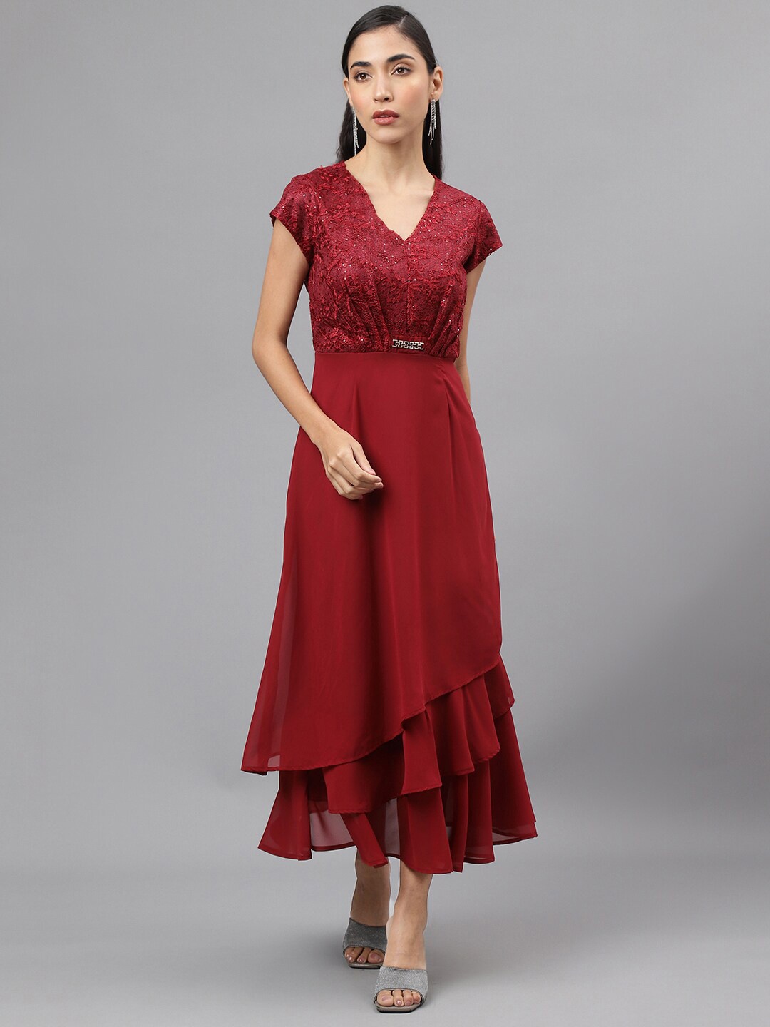 

Latin Quarters V-Neck Cap Sleeves Maxi Dress, Red