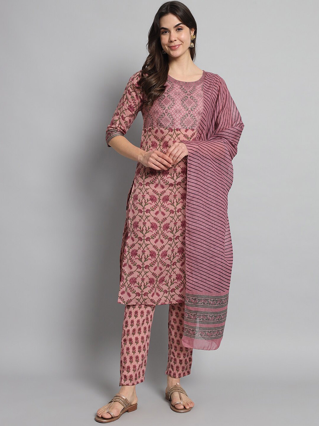 

NIZA FASHION Cotton Floral Printed Round Neck Kurta Set, Pink