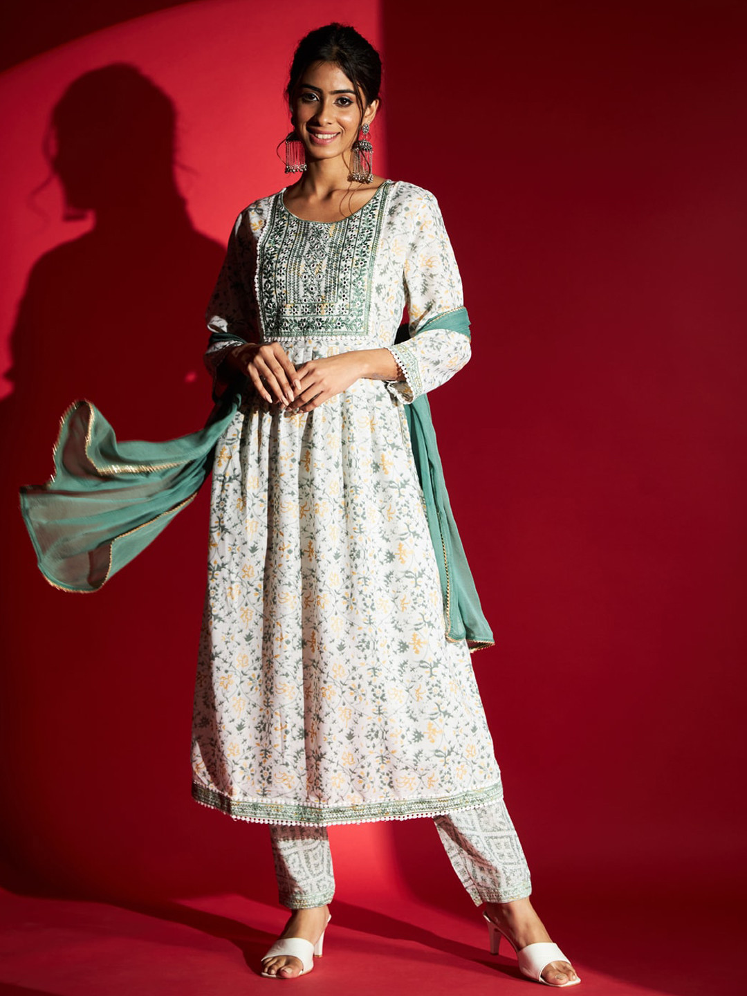 

NIZA FASHION Cotton Floral Printed & Embroidered Mirror Work Kurta with Trousers & Dupatta, Green