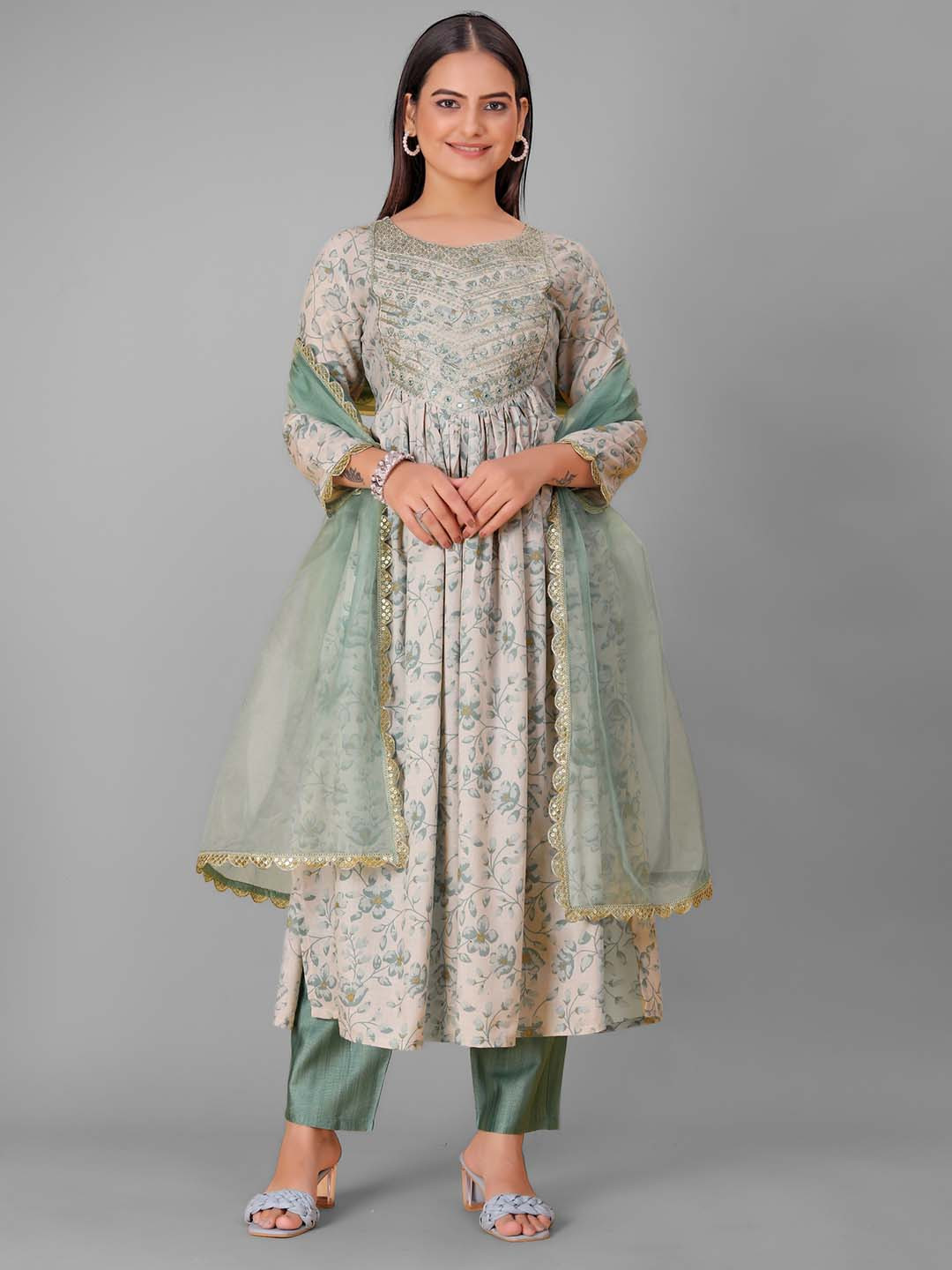 

NIZA FASHION Floral Printed Mirror Work Anarkali Kurta With Trousers & Dupatta, Olive