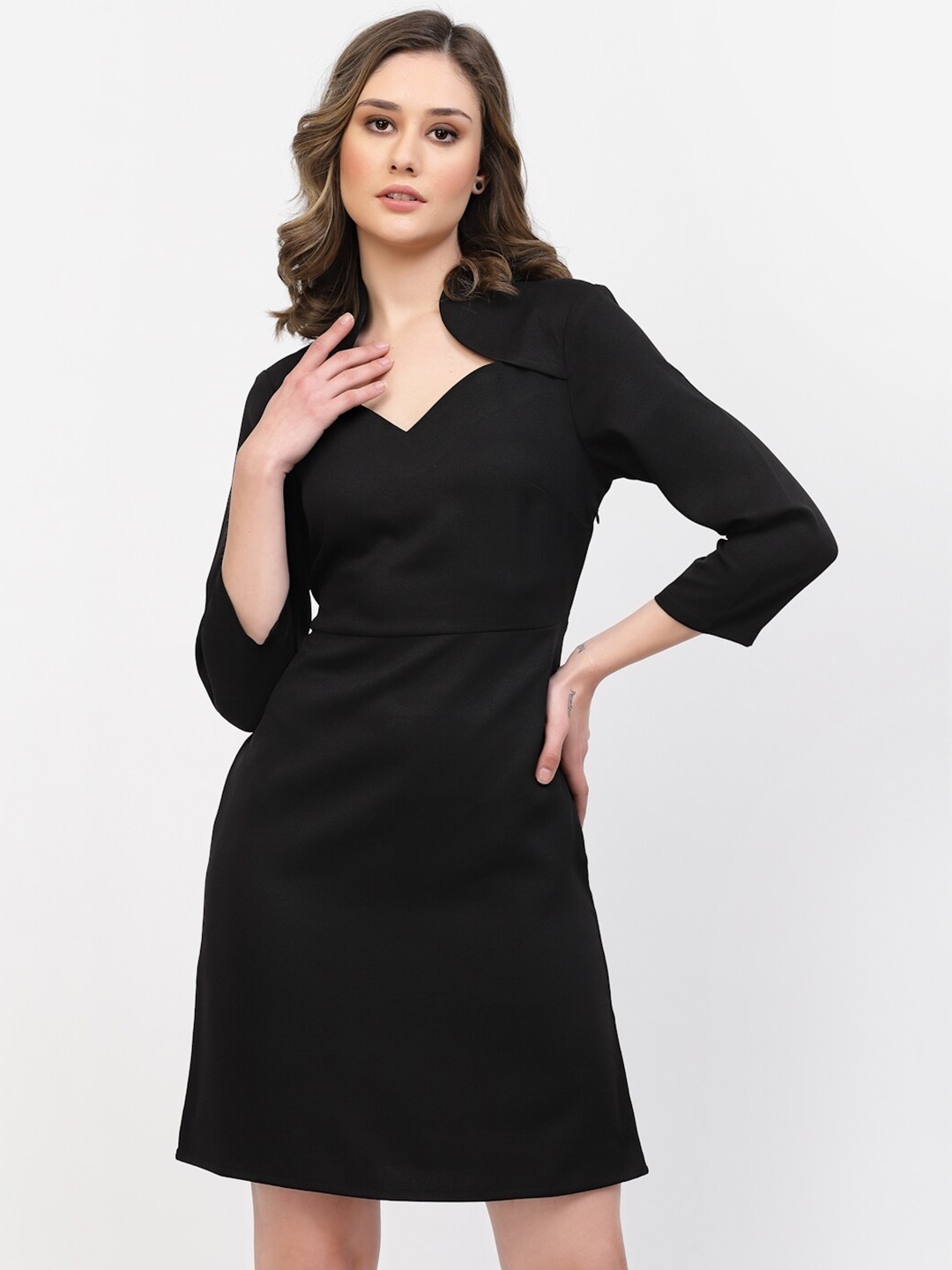 

BELAVINE Sweetheart Neck Three-Quarter Sleeves Opaque Sheath Dress, Black