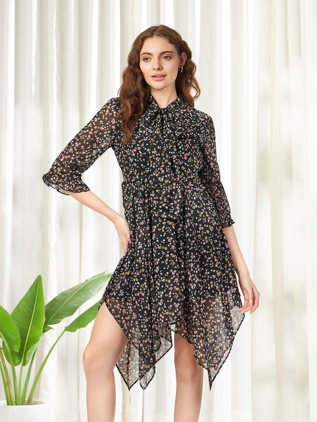 

BELAVINE Floral Print Tie-Up Neck Three-Quarter Sleeves Opaque Shirt Dress, Black