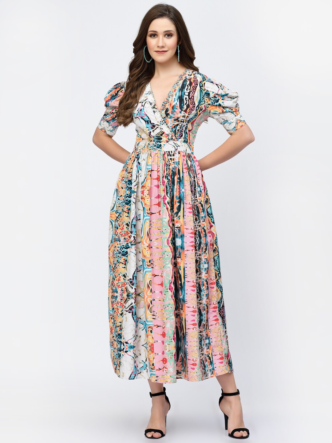 

BELAVINE Abstract Print Wrap Maxi Dress, White