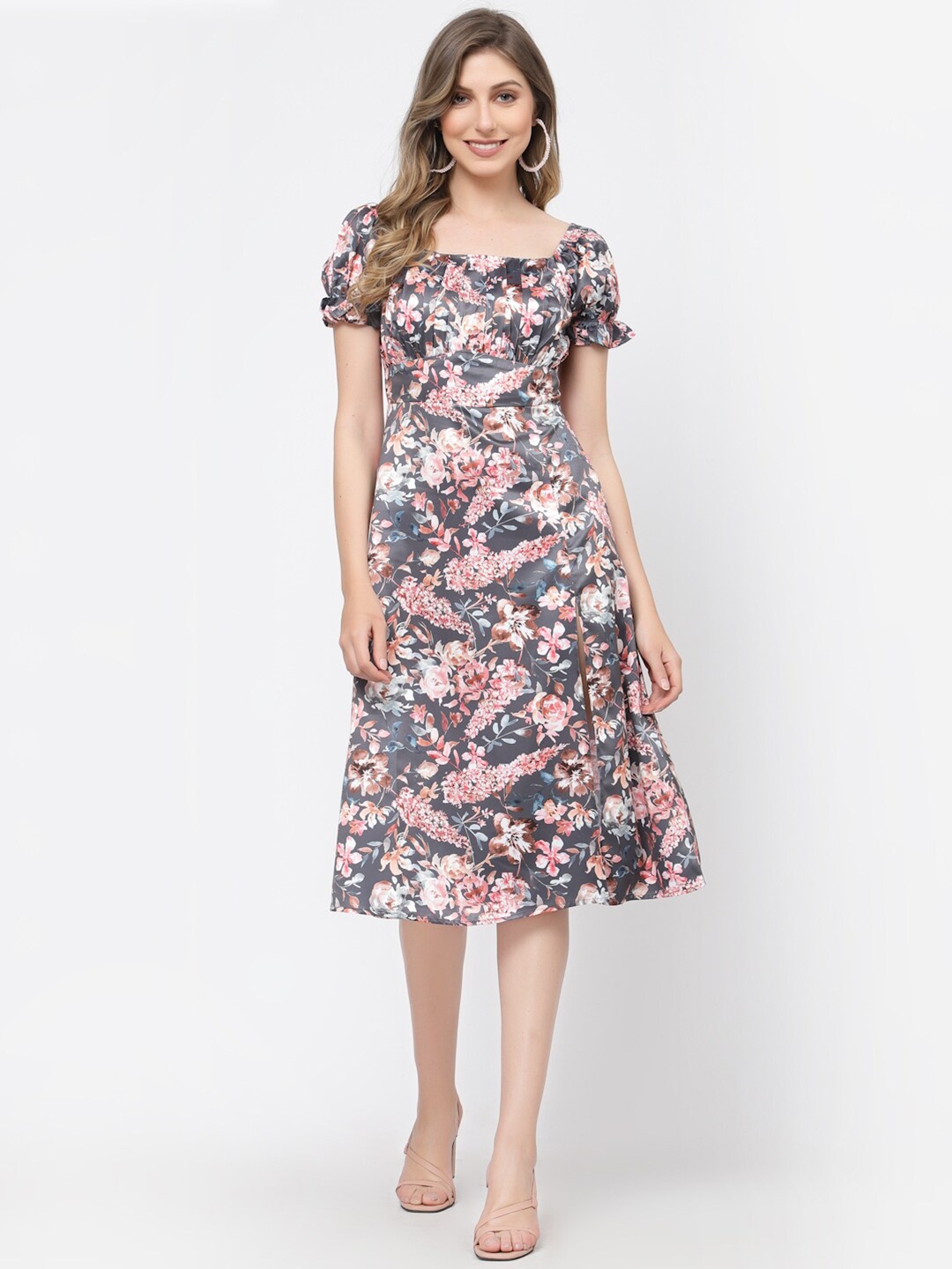 

BELAVINE Floral Printed Square Neck Puff Sleeve Sheath Midi Casual Dress, Grey