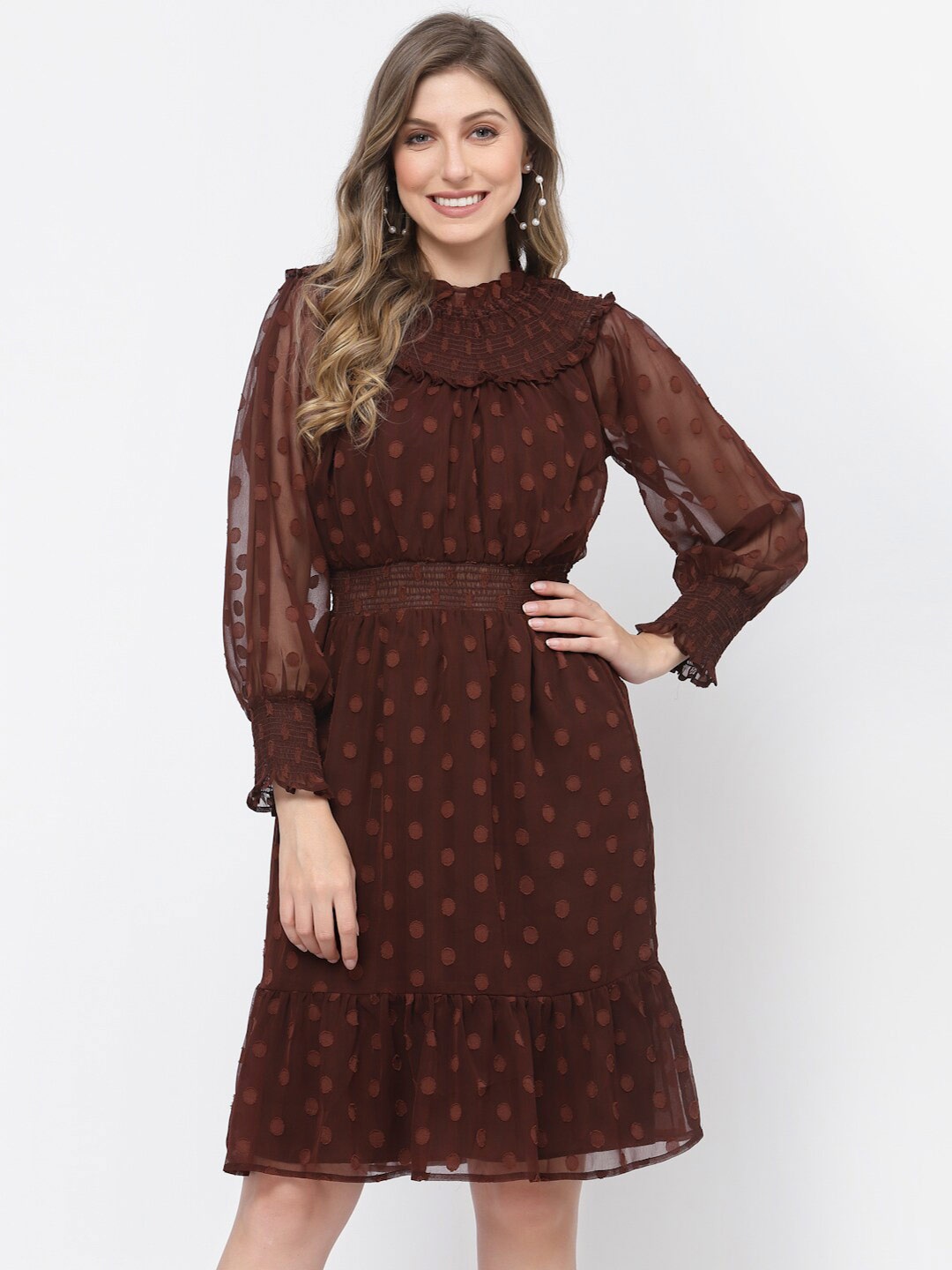 

BELAVINE Floral Printed Mock Neck Puff Sleeve Opaque Fit & Flare Dress, Brown