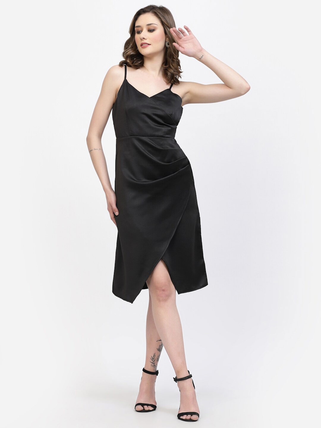 

BELAVINE Shoulder Straps Neck Sleeveless Opaque Sheath Dress, Black