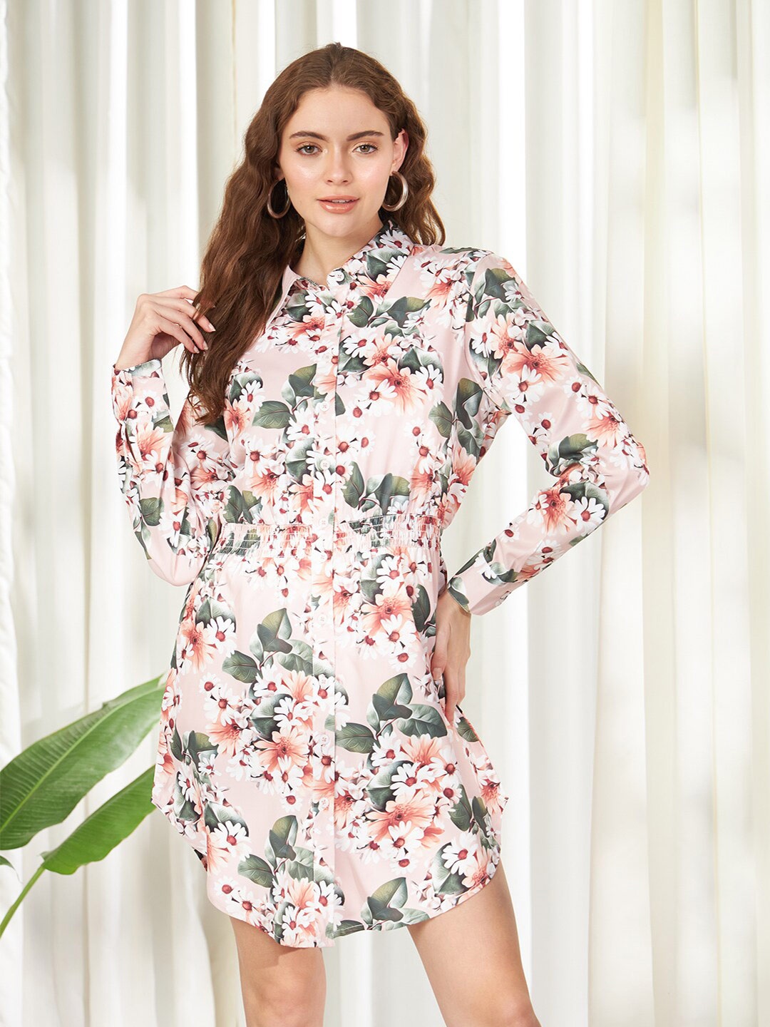 

BELAVINE Floral Printed Cuffed Sleeves Shirt Dress, Peach