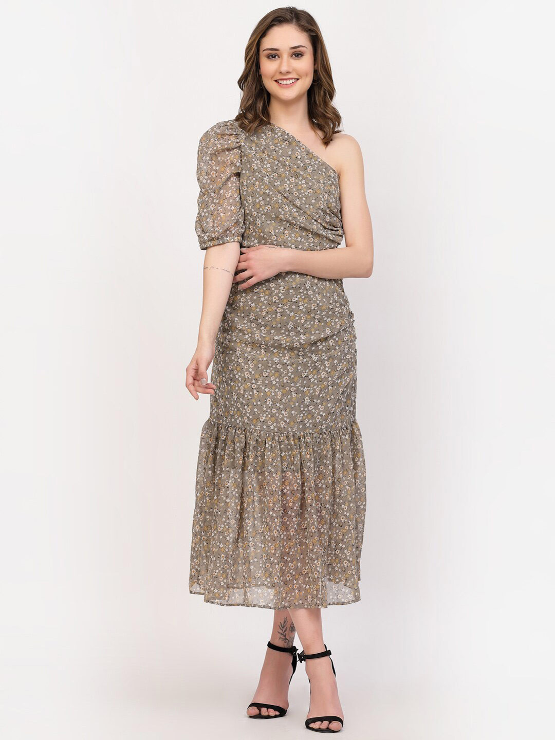 

BELAVINE Floral Printed One Shoulder A-Line Midi Dress, Grey