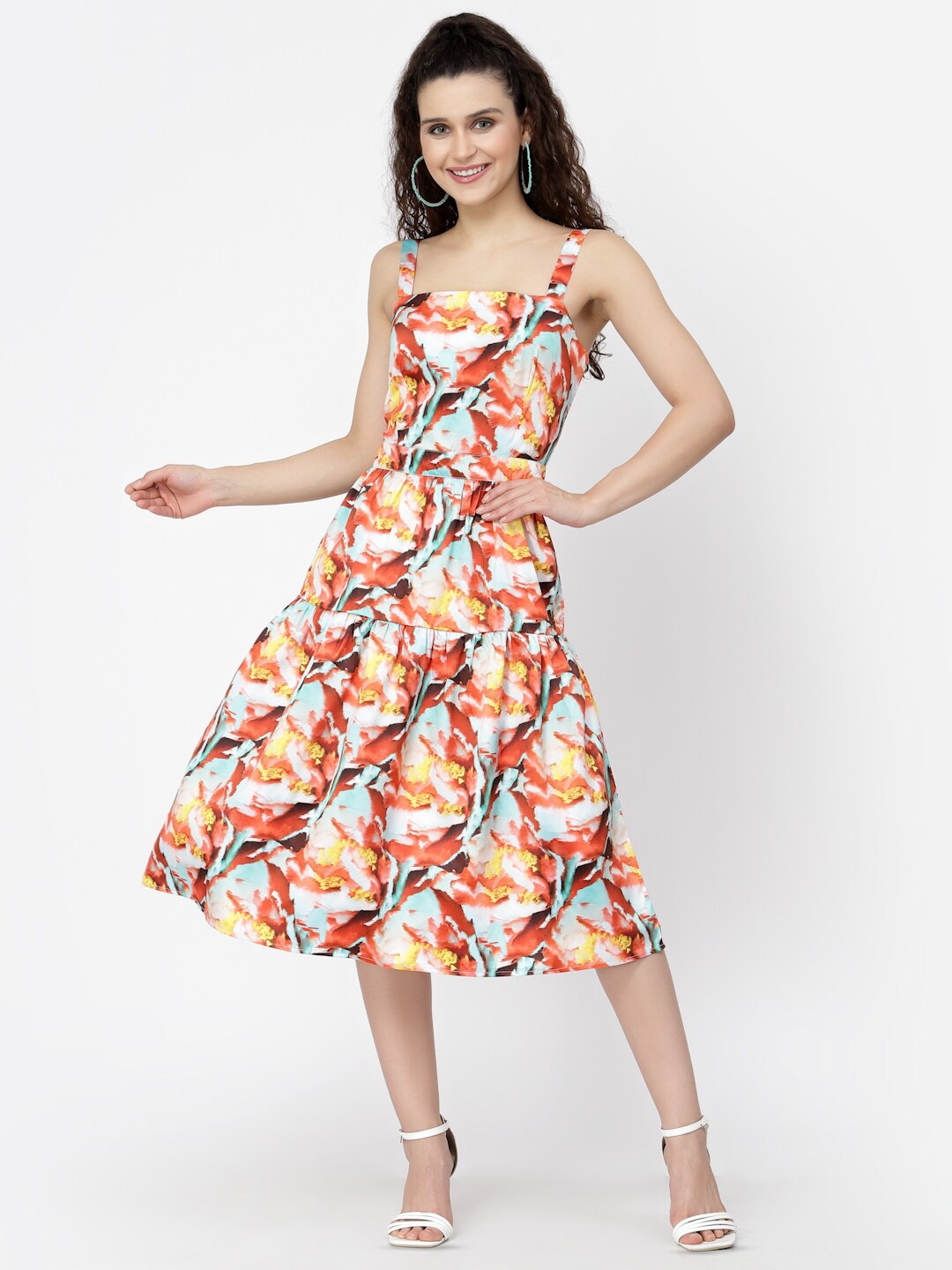 

BELAVINE Floral Printed Shoulder Straps Sleeveless Fit & Flare Midi Dress, Red