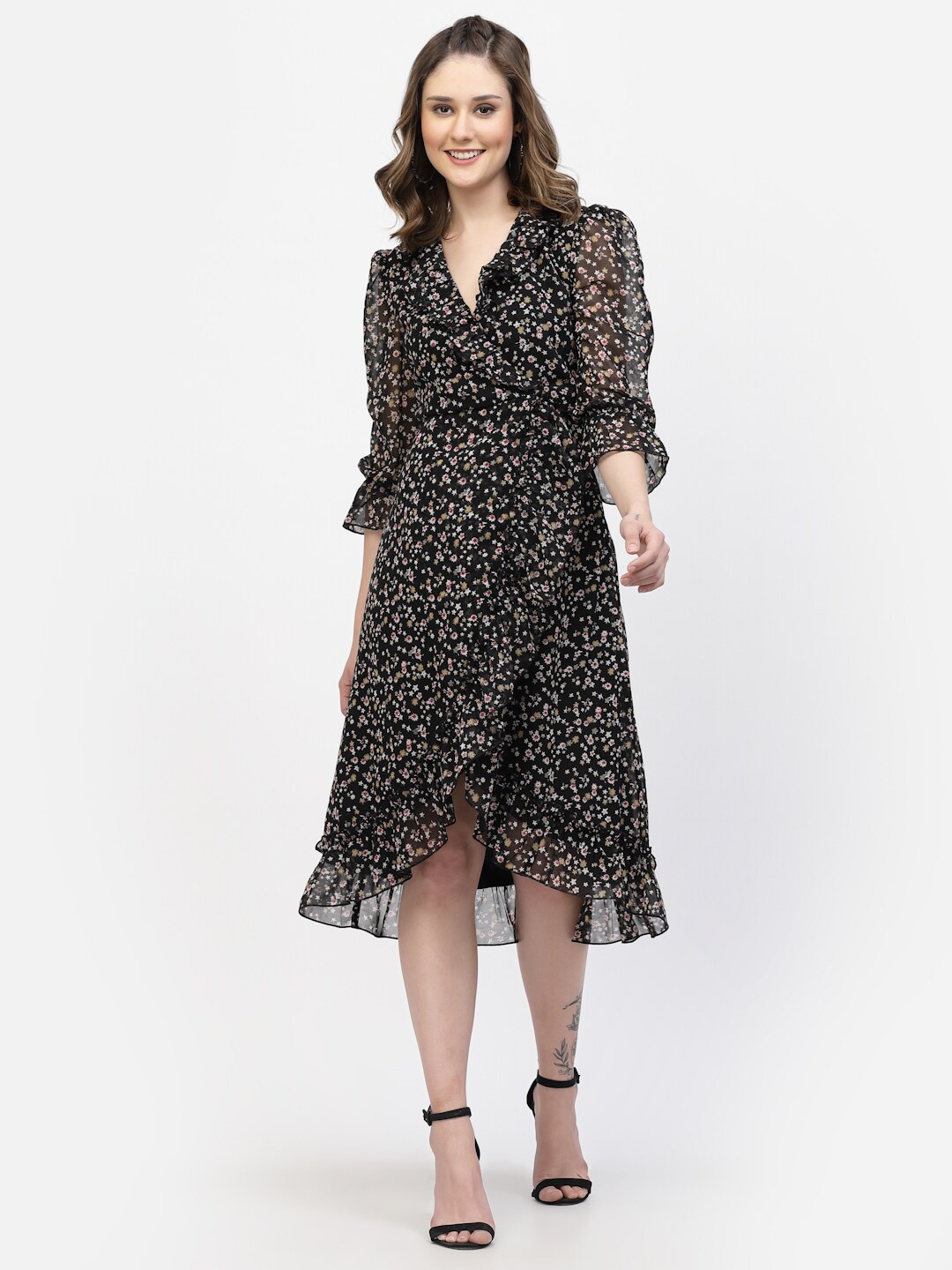 

BELAVINE Floral Print V-Neck Puff Sleeves Opaque Midi Wrap Dress, Black