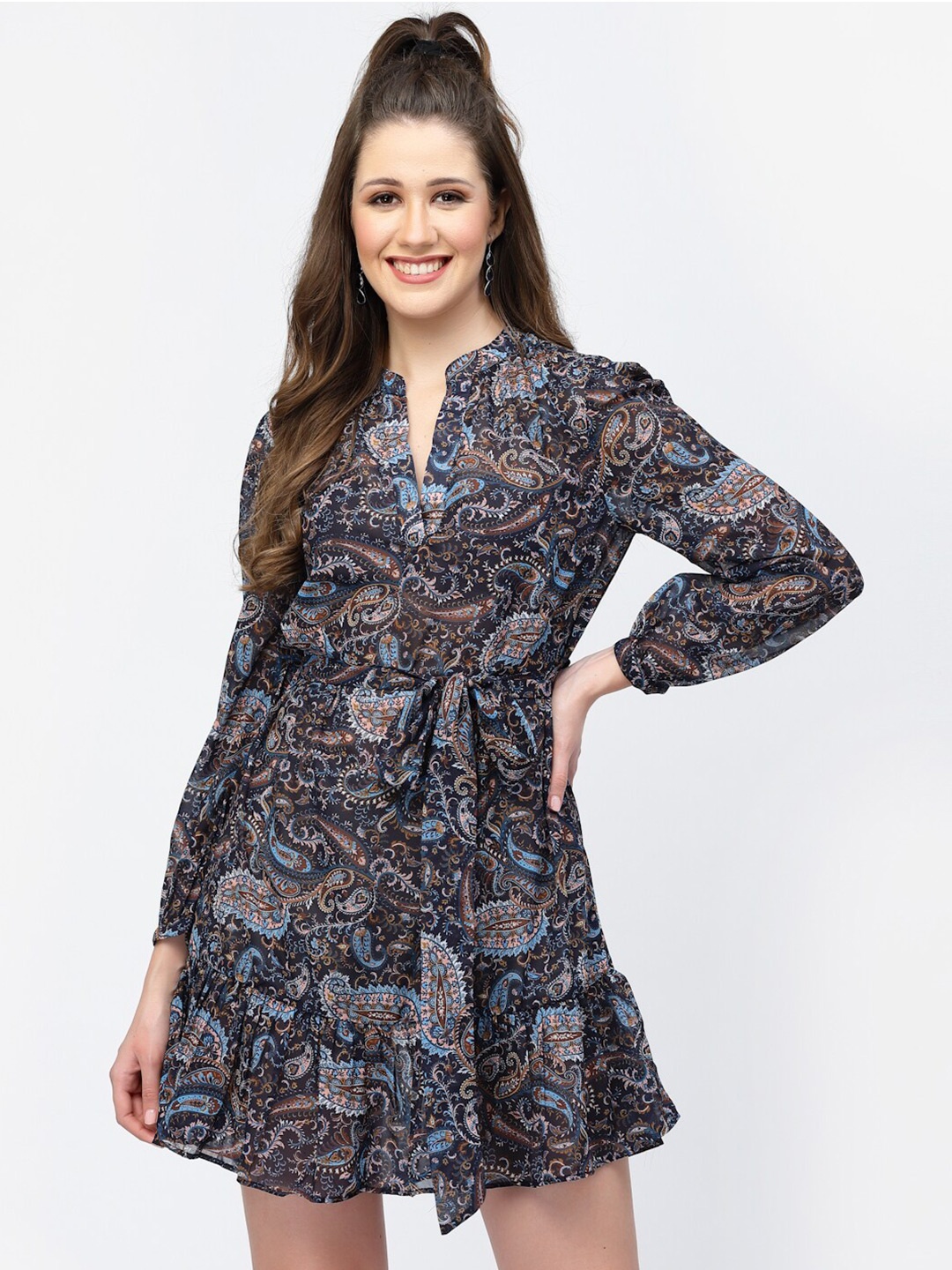 

BELAVINE Ethnic Motifs Printed Mandarin Collar Puff Sleeve Fit & Flare Dress, Blue