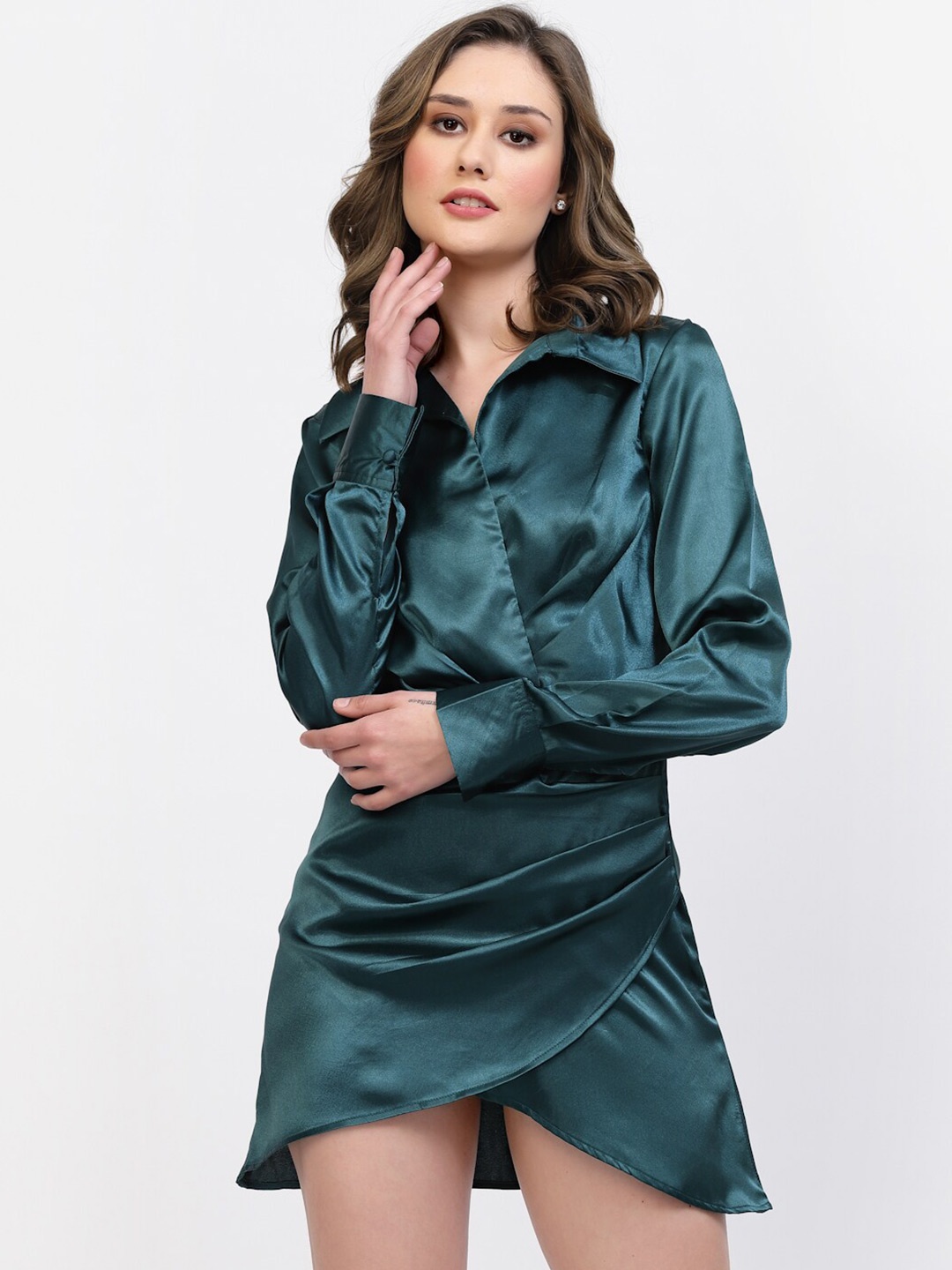 

BELAVINE Shirt Collar Cuffed Sleeves Opaque Mini Wrap Dress, Green