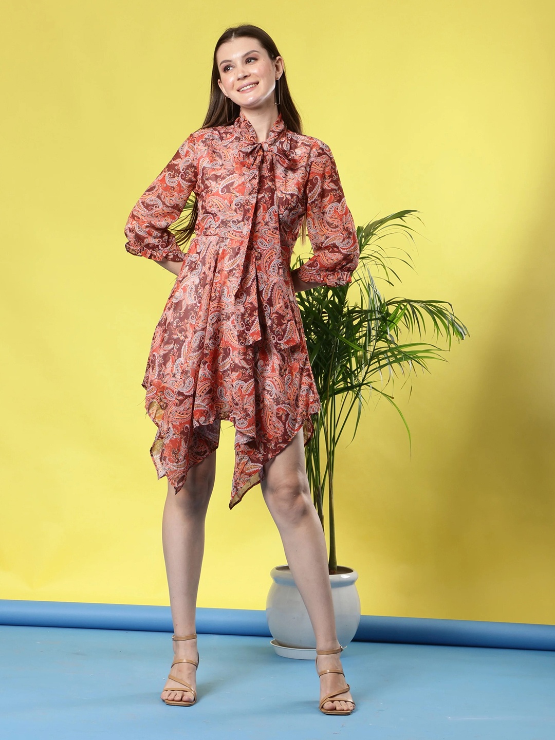

BELAVINE Floral Print Tie-Up Neck Three-Quarter Sleeves Opaque A-Line Dress, Orange