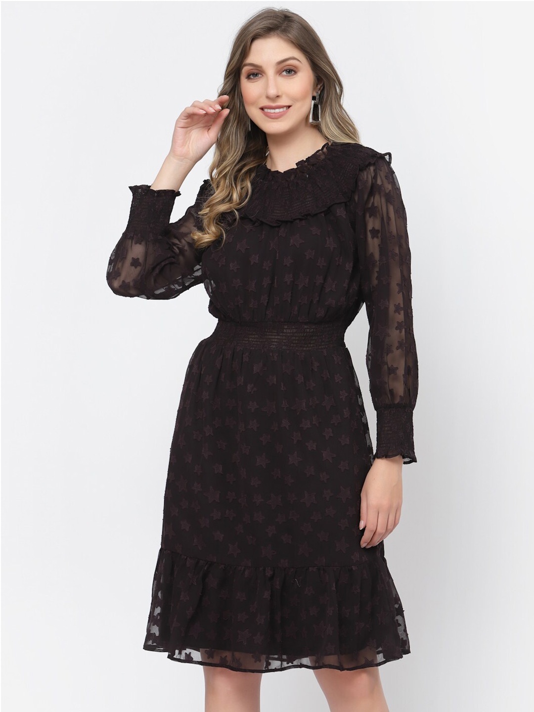 

BELAVINE Round Neck Puff Sleeve Opaque Fit & Flare Dress, Black