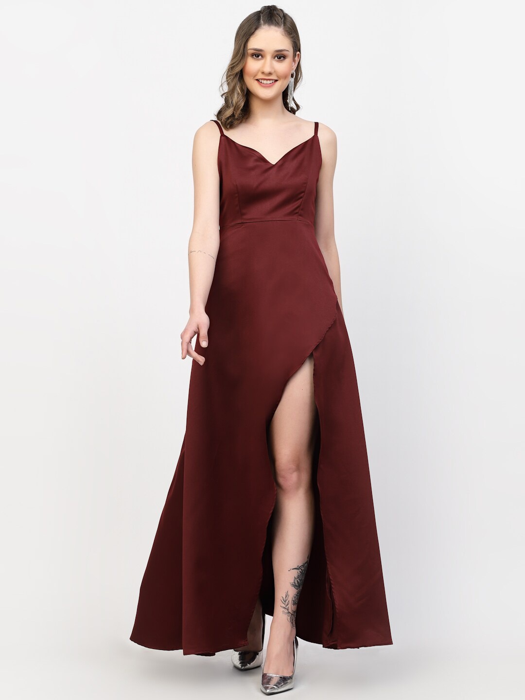 

BELAVINE Shoulder Straps Satin Maxi Dress, Maroon